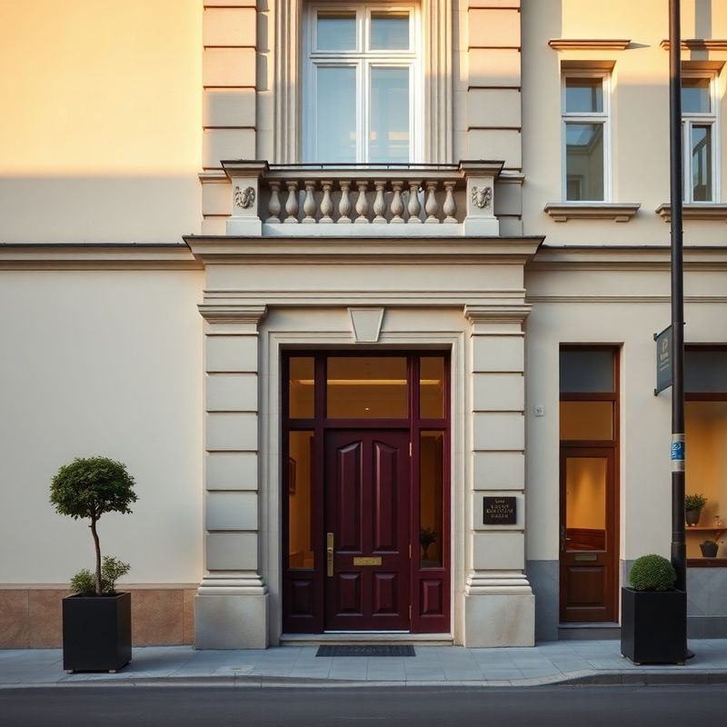 Period building facade on a quiet Iași street with a burgundy entrance door