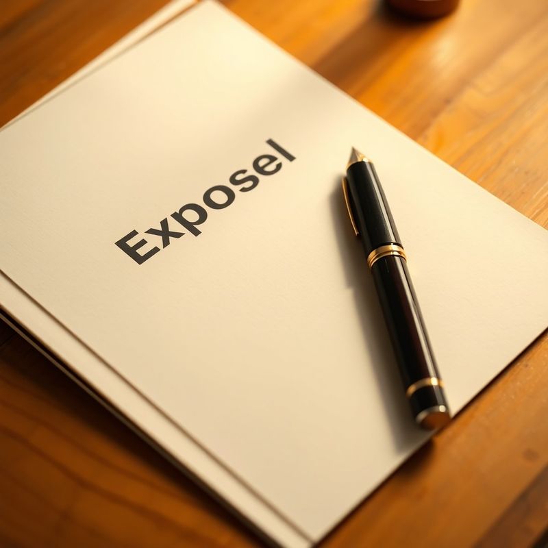 A printed financial exposure report with burgundy binding tape and a fountain pen