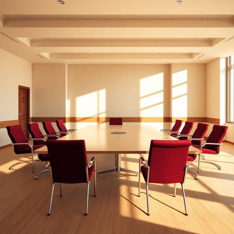 Empty boardroom with cream walls and burgundy upholstered chairs