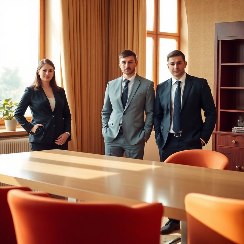 Three professionals in a warm-toned cream and burgundy advisory office